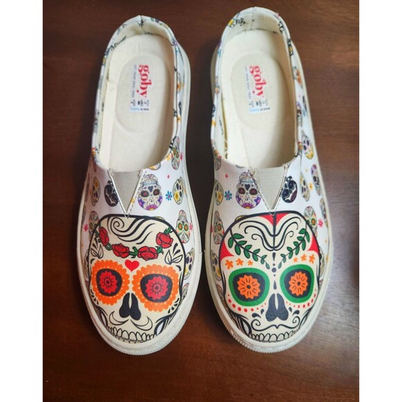 Goby Shoes - Goby- Hand Painted Orange Green Sugar Skull Mule-Women Sz-36 (5.5-6) Seldom Worn